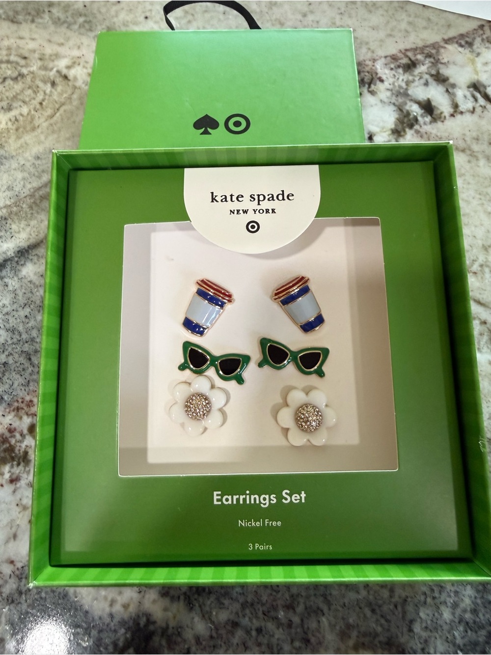 Kate Spade ♠️ NIB Green Sunglasses, White Flower & Blue Cup Earring Set